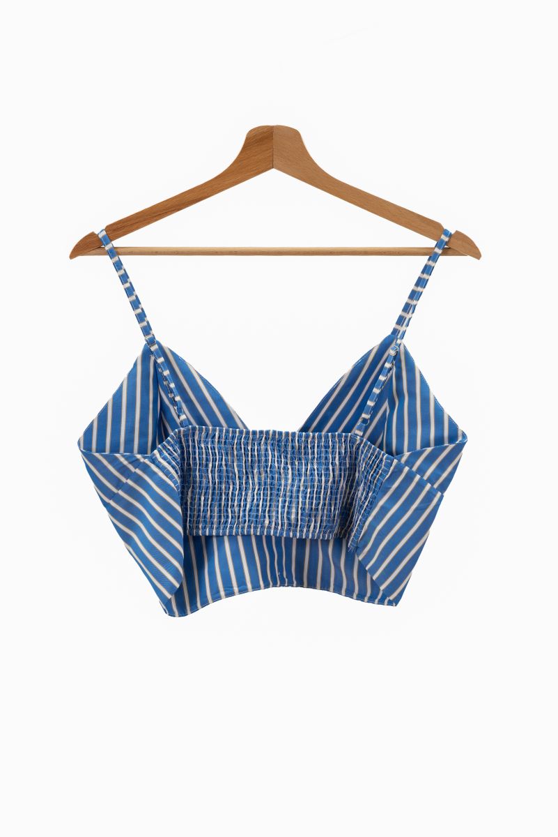 Blue and white striped crop top on a wooden hanger against a white background