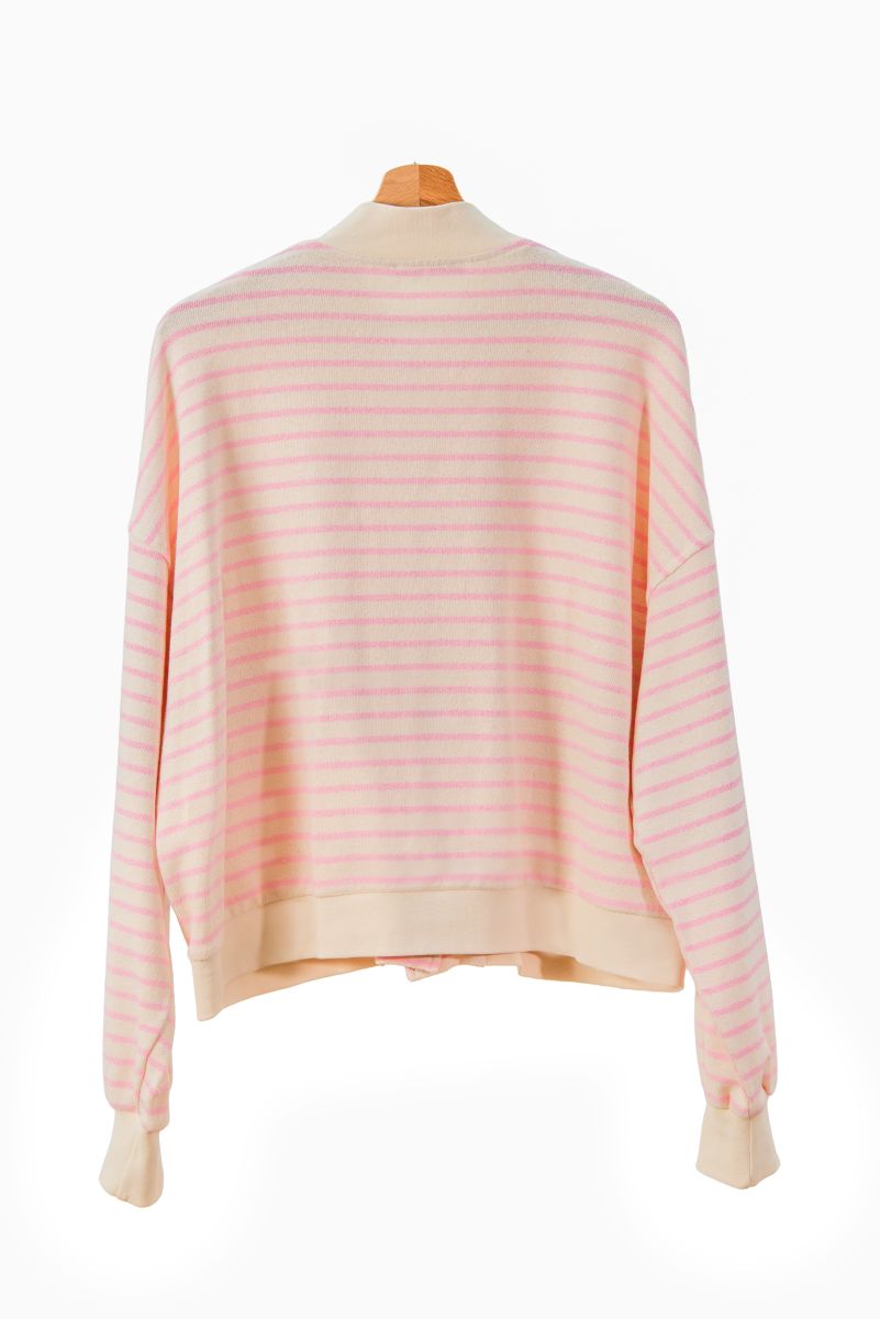Pink and white striped sweater on a mannequin against a white background